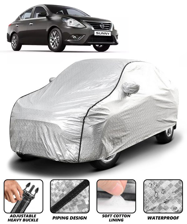 Carzex Waterproof & Heat Resistant Metallic Silver With Black Border Car Body Cover with Mirror Pockets For Nissan Sunny